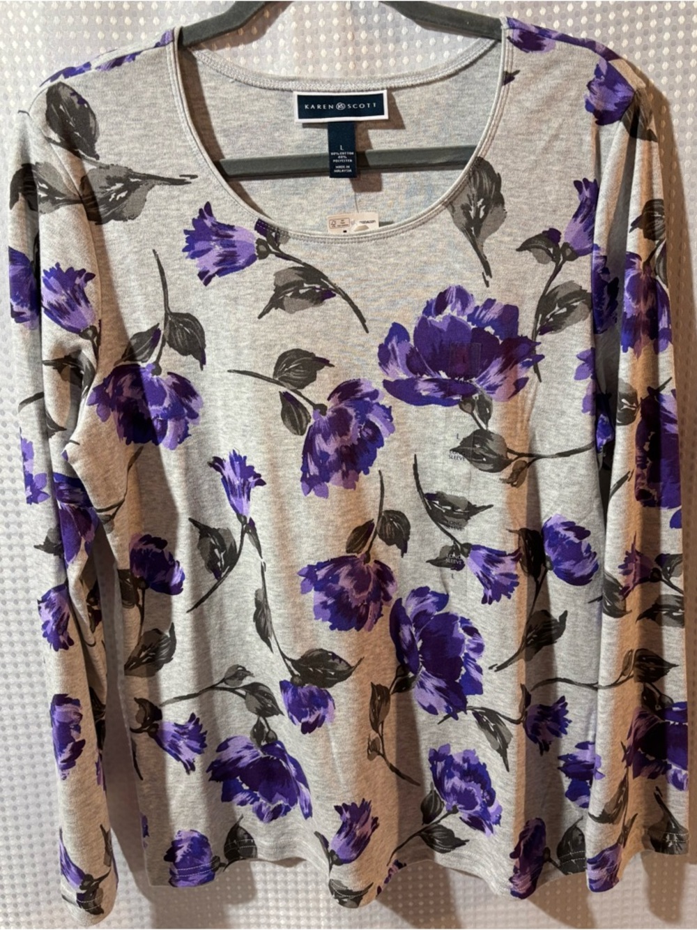 NWT Karen Scott L Gray & Purple Floral Long-Sleeve Scoop Neck Top